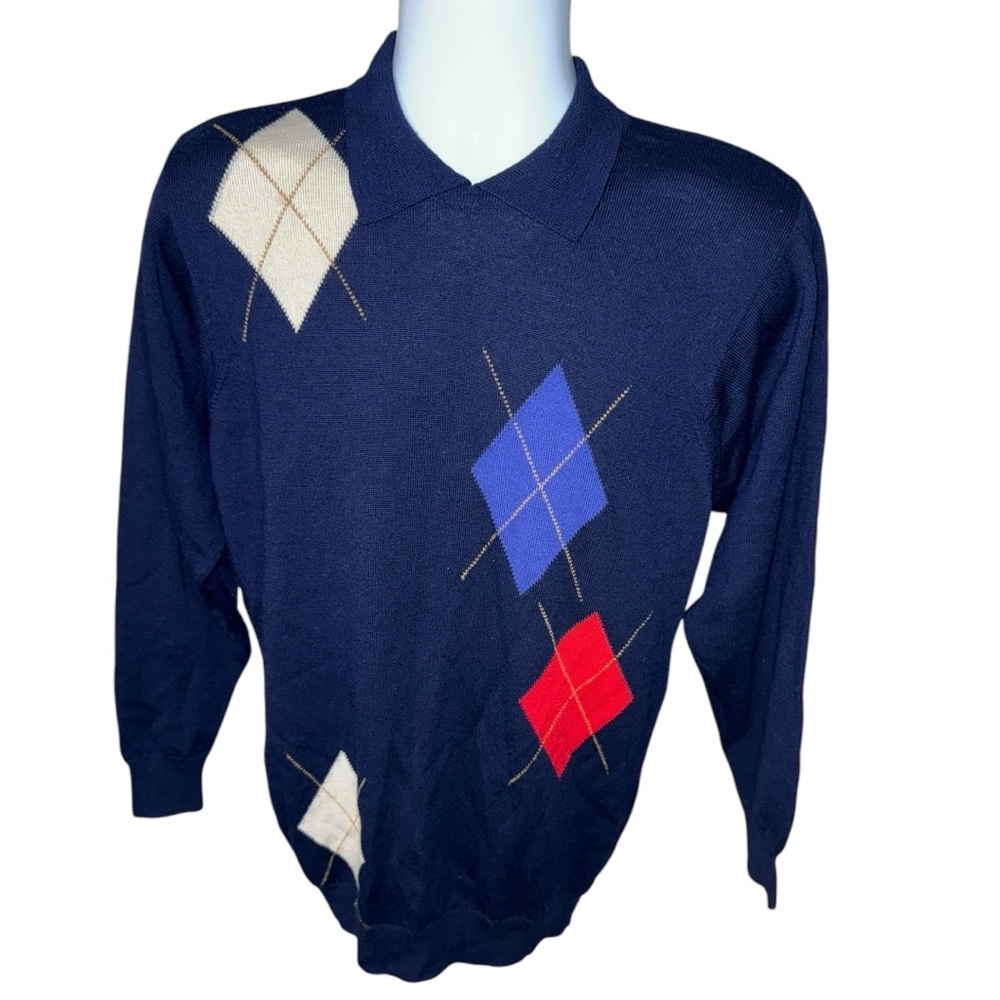 Men’s Vintage St. Michael Blue Diamond Pure Wool Scalloped Collar Sweater - 40